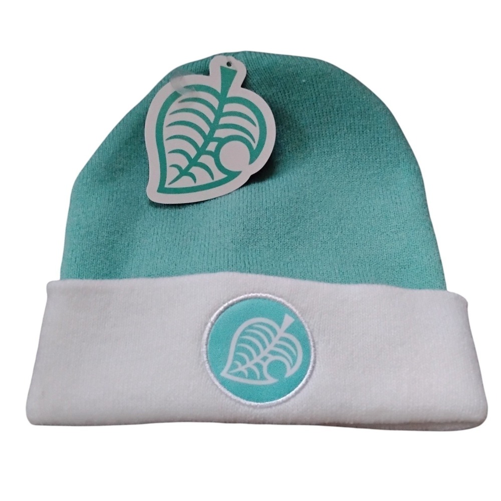 Nintendo Animal Crossing New Horizons Beanie Teal White Knit Hat Leaf Logo NWT